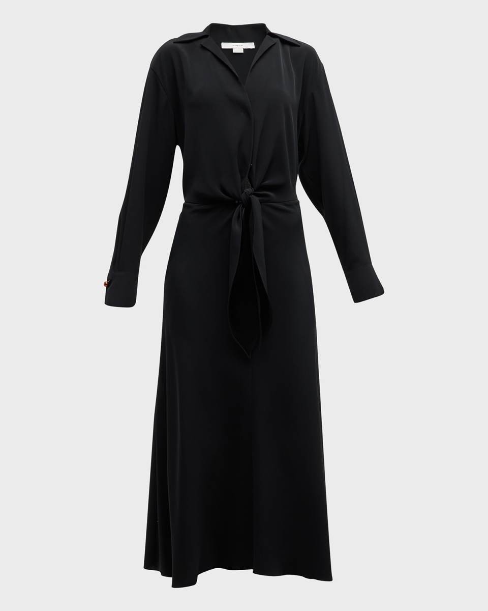 Shaped-Collar Tie-Front Maxi Dress